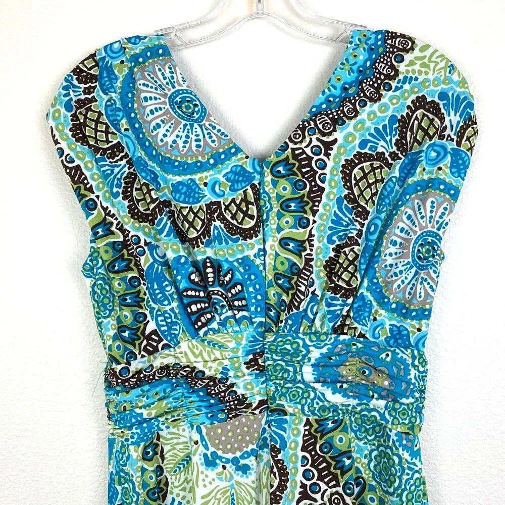 Liz Claiborne A-Line Maxi Dress Size 10 V-Neck High Waist Brown Blue Green